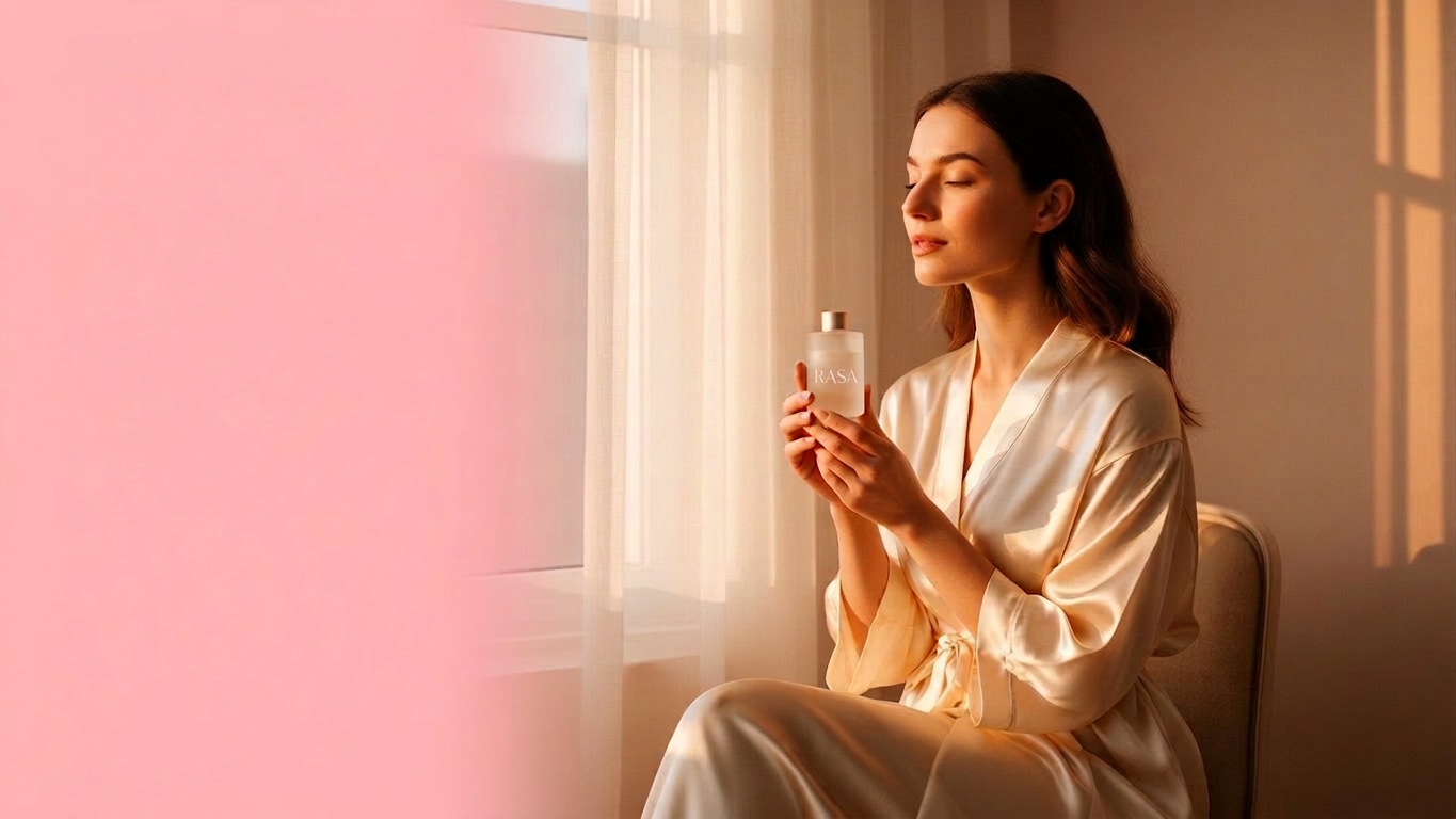 Woman in cream silk robe holding a RASA skincare bottle in soft morning light